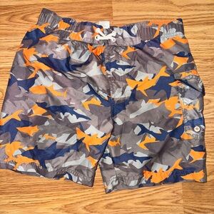 Vibrant Shark Print Kids Swim Trunks - Orange and Blue
